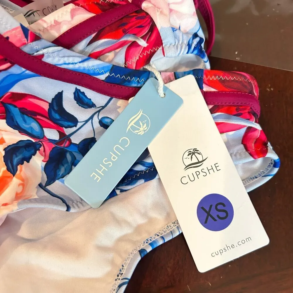 Cupshe Bikini Womens XS Burgundy Wrap Top Floral Bathing Suit Two‎ Piece NEW - Image 5