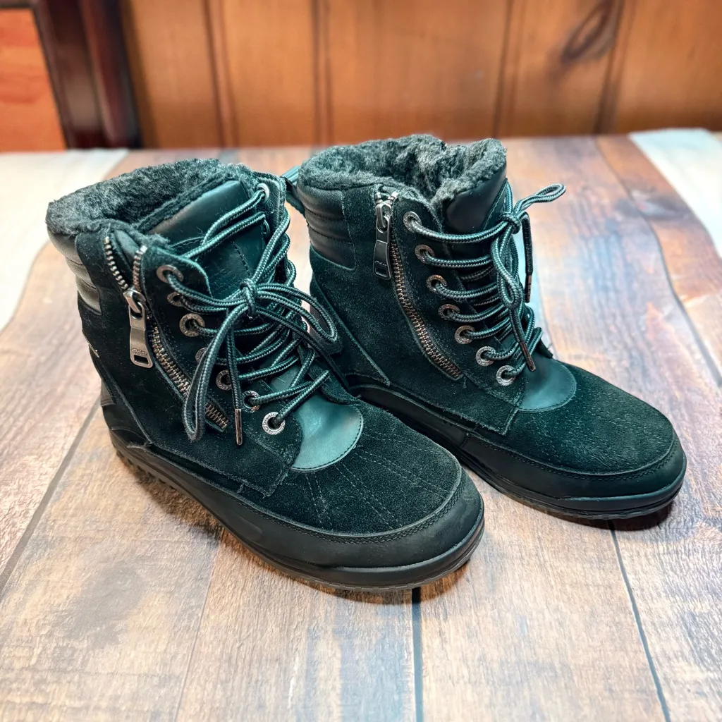 Pajar Boots Womens 7 Jeana Combat Lace Up Faux Fur Lined Side Zip Black Suede - Image 2