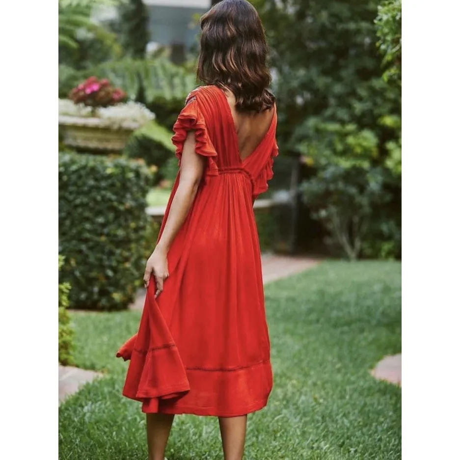 FREE PEOPLE‎ Red Orange BALI WILL WAIT FOR YOU EMBROIDERED MIDI Boho DRESS Sz XS - Image 2