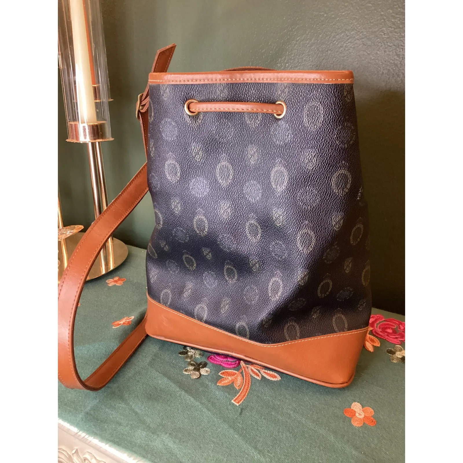 Capezio Bucket Bag Blk Monogram Leather Trim Drawstring Shoulder Bag - Image 2