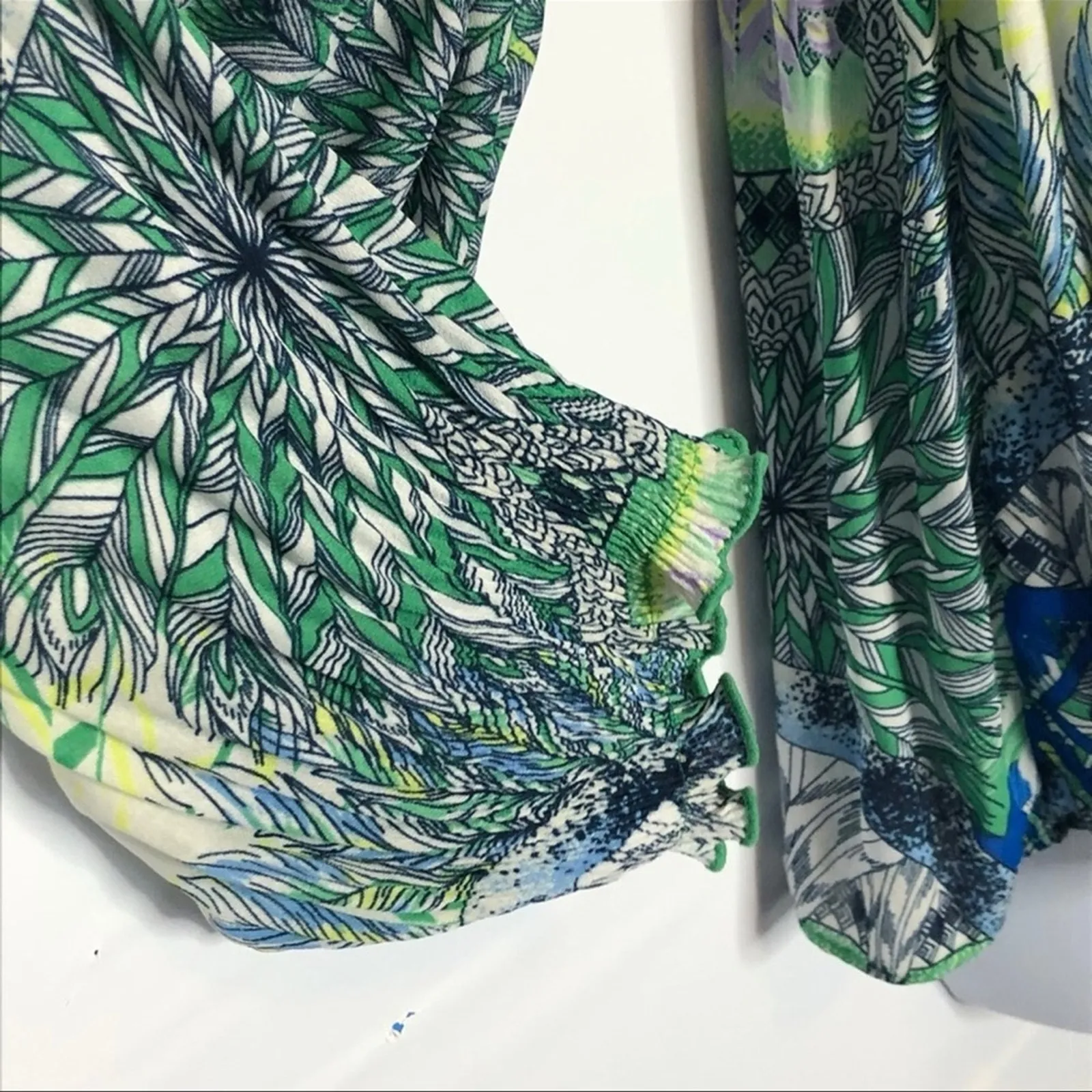 Sharagano Retro Crinkle Babydoll Blouse Blue Green Graphic Long Sleeve S - Image 13