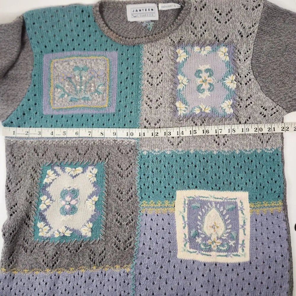 Vintage JANTZEN Floral Eyelet Hand Embroidered Sweater Women’s Size XL Cottage - Image 9