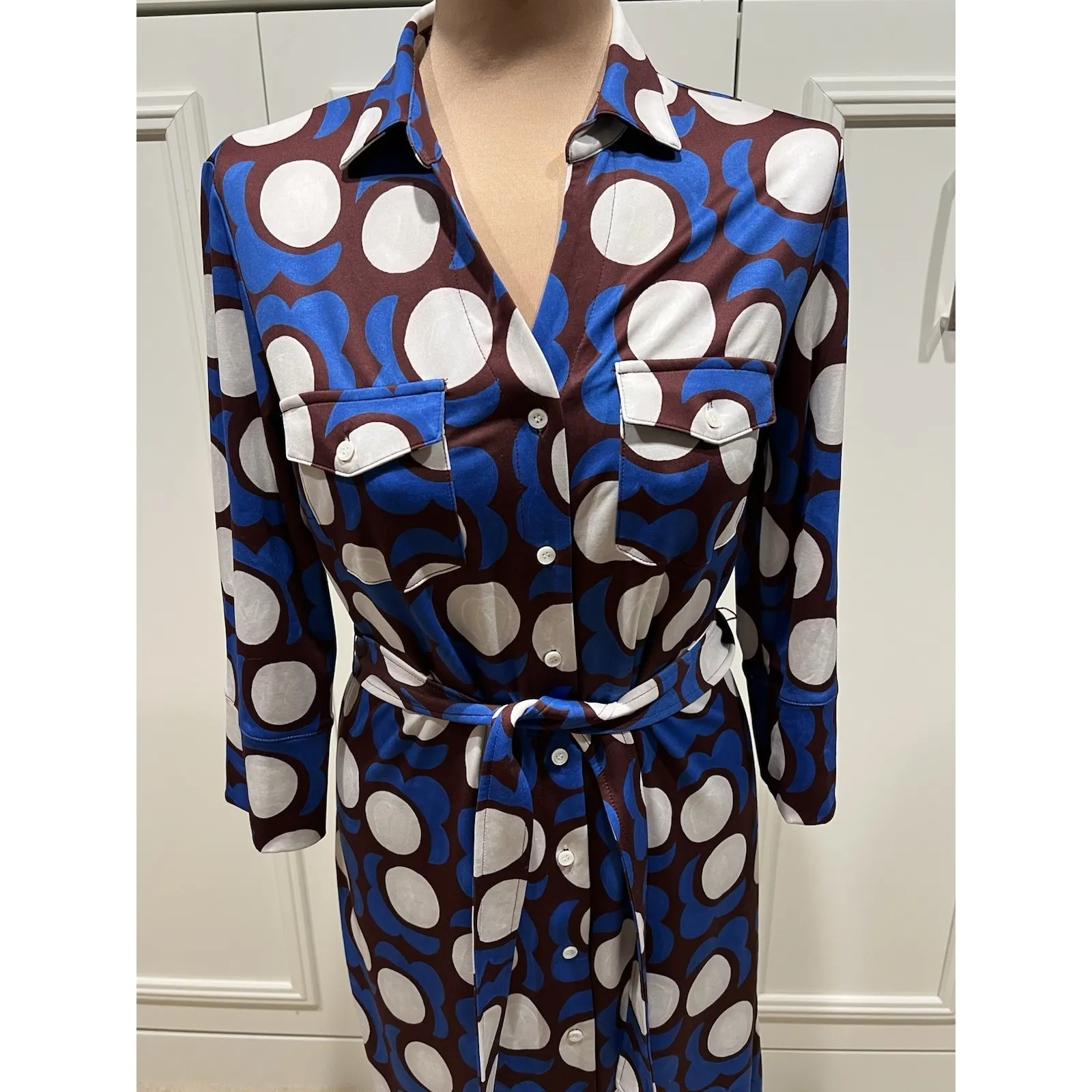 J McLaughlin Button Up Belted Shirt Dress Geometric Retro Stretch Preppy Artsy - Image 2