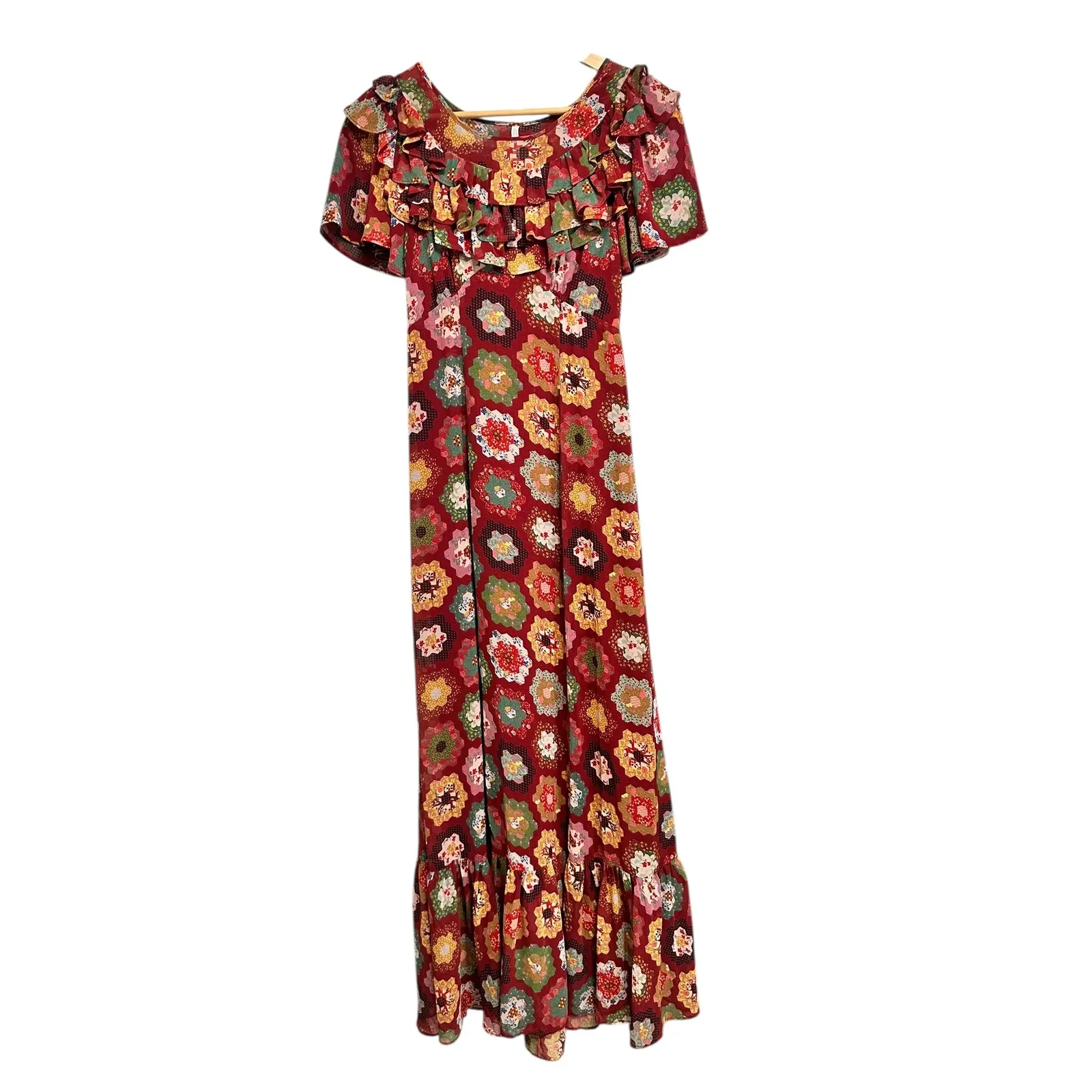 Urban‎ Outfitters patchwork quilt print Ruffle Trim red multicolor maxi dress XS - Image 2