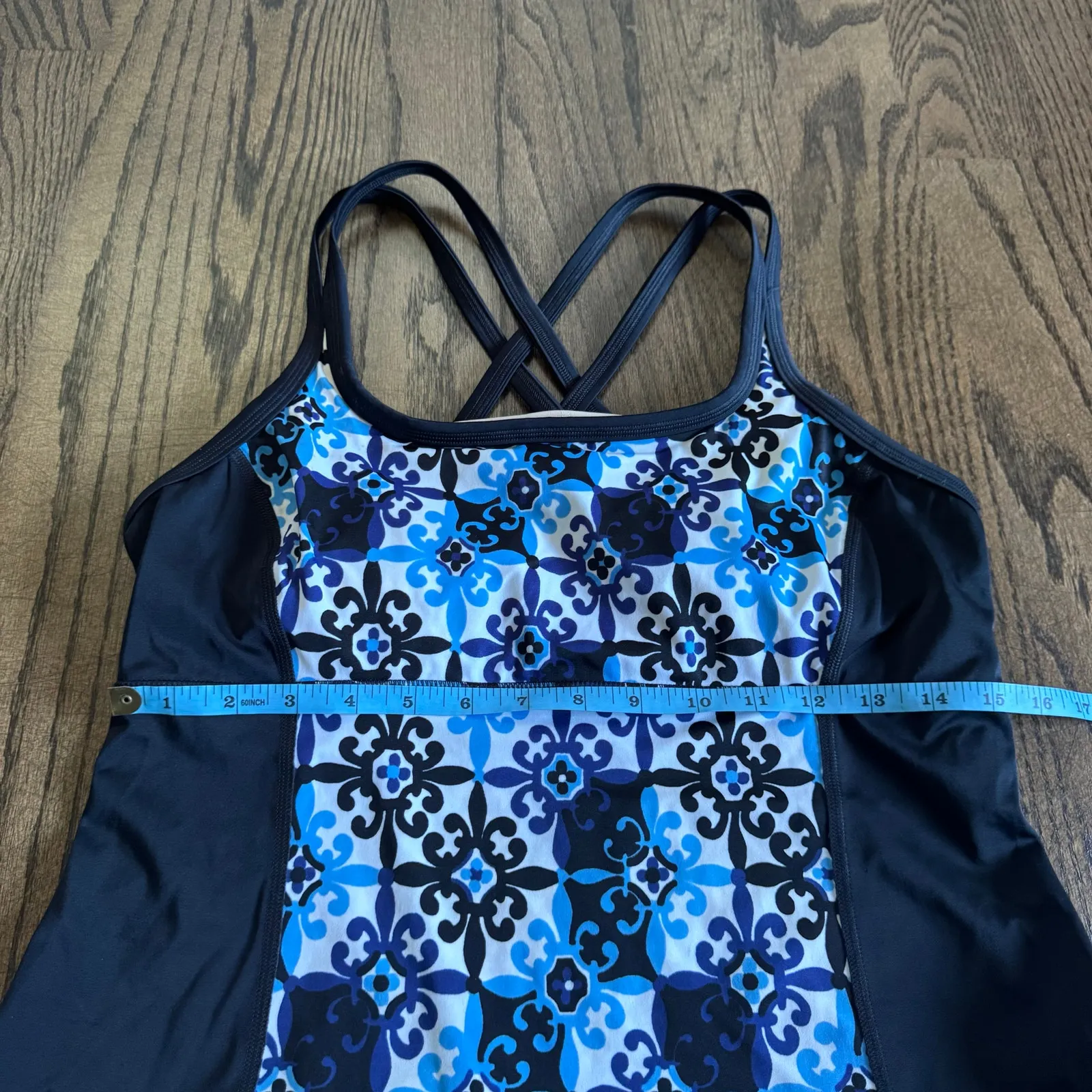 Lands End Womens Blue Black Geometric Floral Tankini Swim Suit Top Size 12 - Image 3