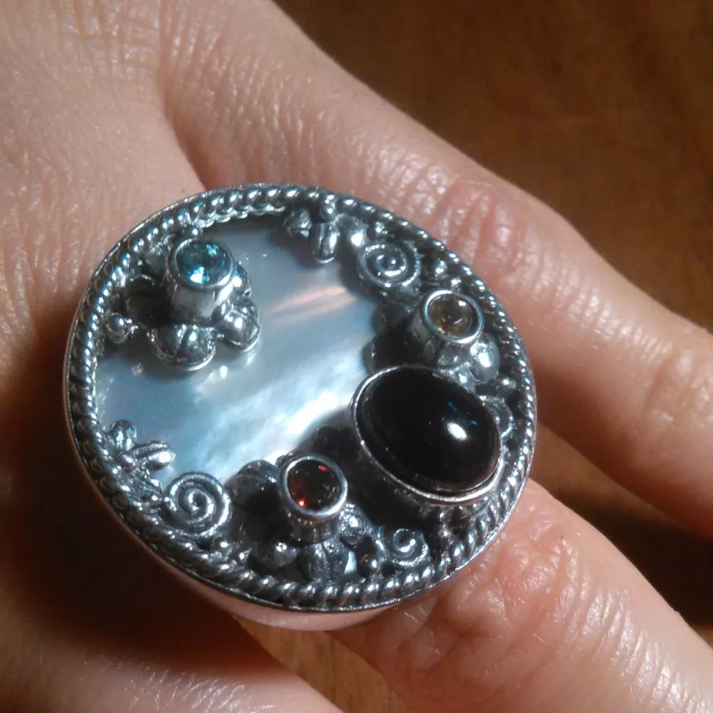 Shungite Multi Gemstone Mother of Pearl Sterling Silver Cocktail Ring (Size 7) - Image 8