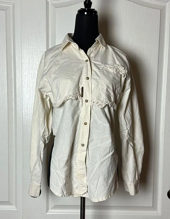VTG CREAM WESTERN LACE BUTTON UP LONG SLEEVE HIGH LOW UNIQUE SHIRT - Image 3