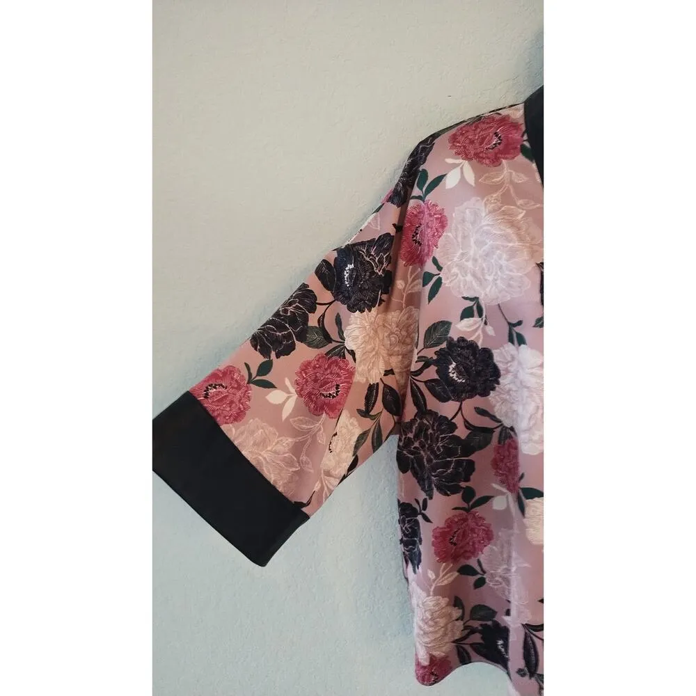 Marc New York Spring V-Neck Blush Pink & Black Roses Faux Leather Trim Size L - Image 3
