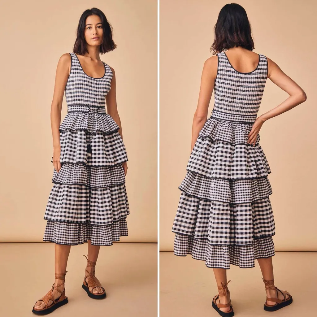 Hunter Bell Andrea Dress Black White Gingham Tiered Midi Size 4 - Image 3