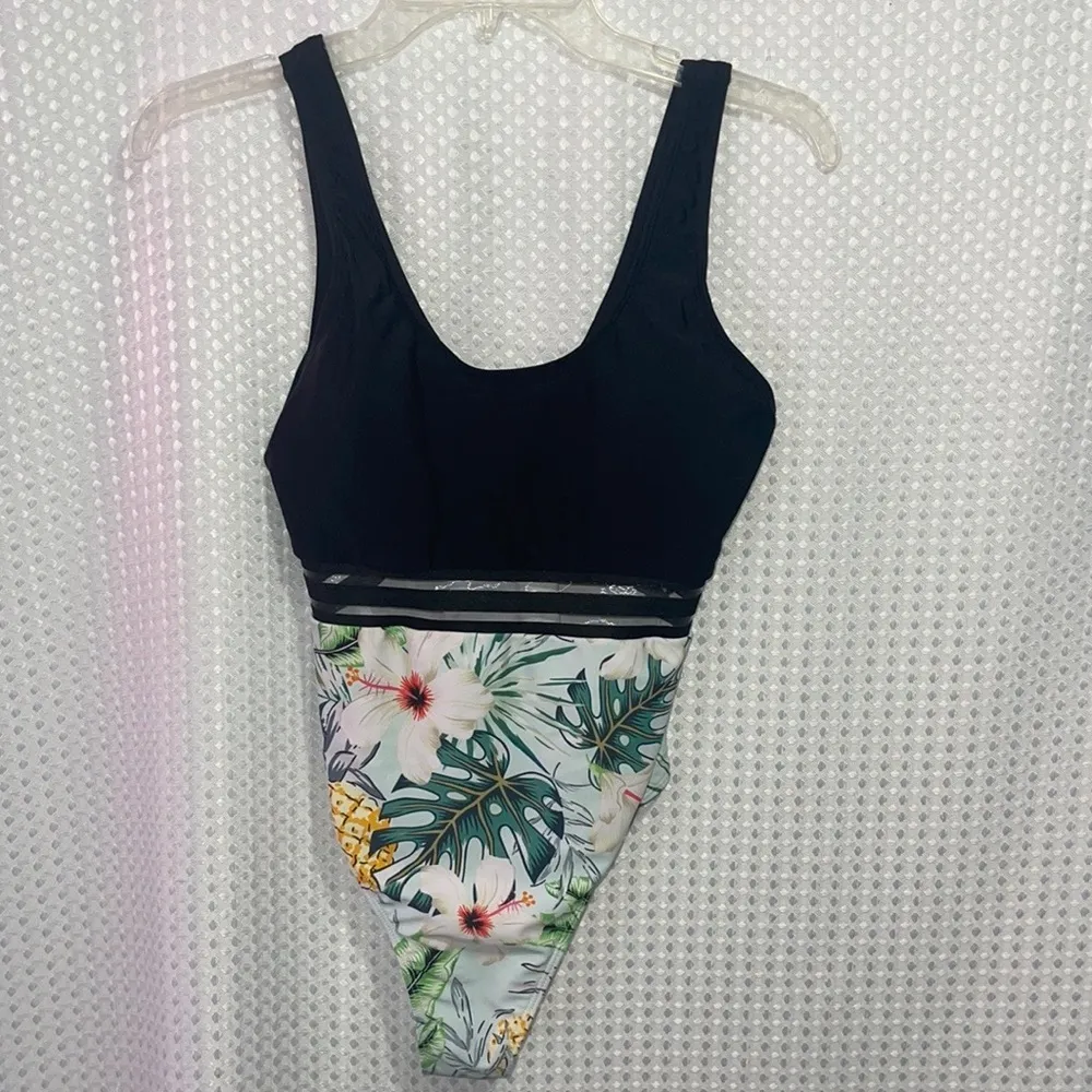 Sexy Tropical Floral Print Swimsuit Contrast Mesh Panel High Waist Large… - Image 5