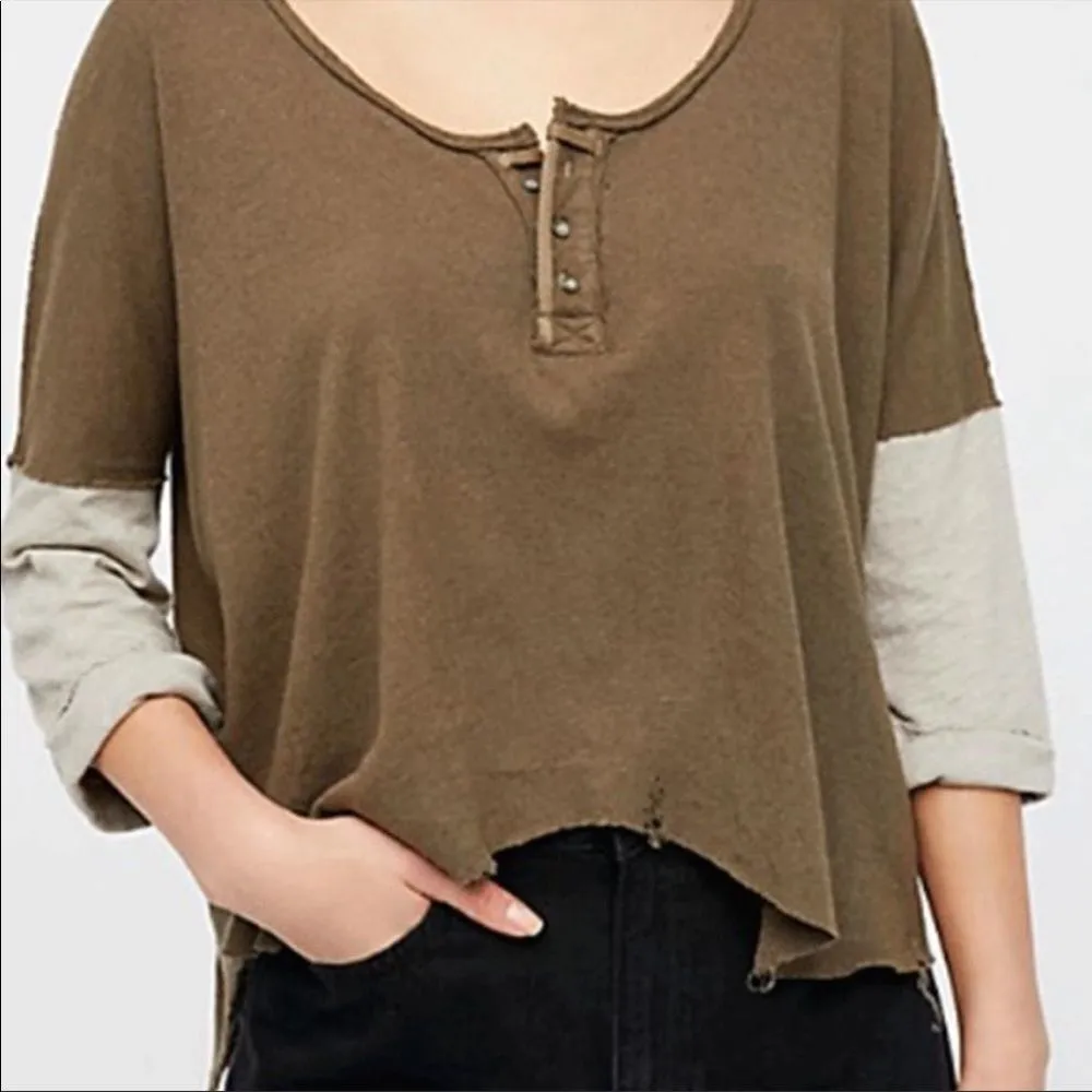We The Free/Free People Star Henley Top Linen/Cotton Blend Factory Distress-XS - Image 2