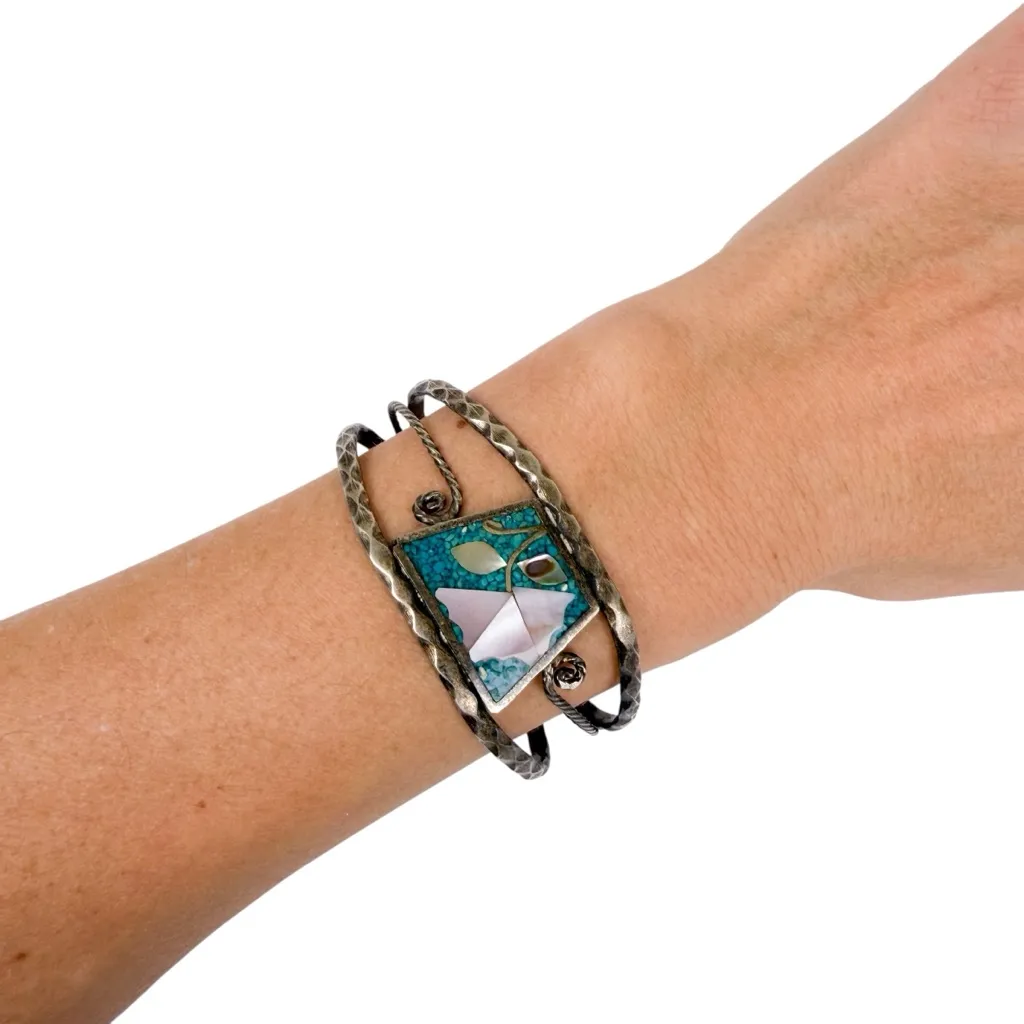 Vintage 70s Alpaca Mexico Silver Turquoise Abalone Floral Inlay Cuff Bracelet Blue - Image 3