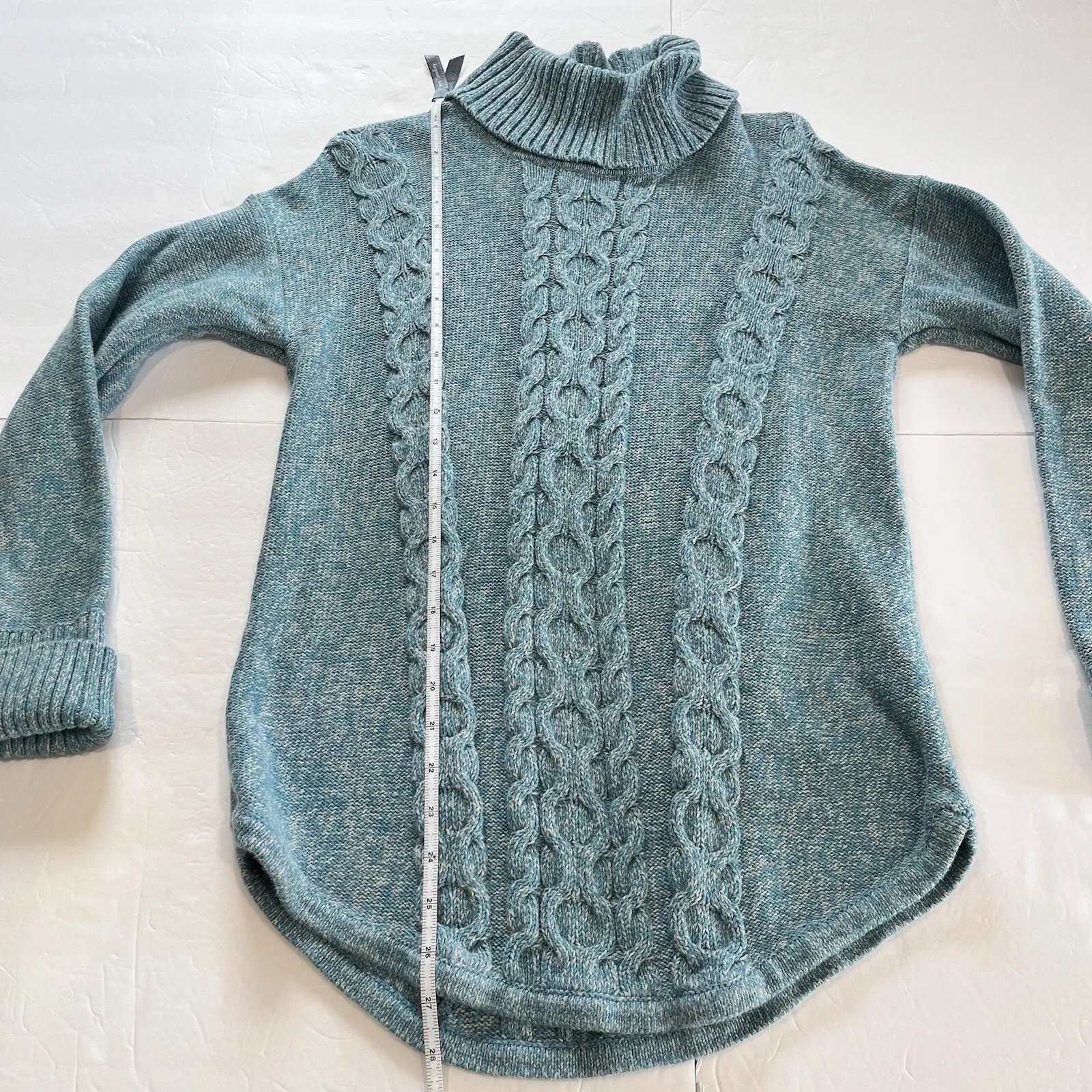 LL Bean Teal Marled Double L Mixed Cable Turtleneck Sweater Size MEDIUM - Image 7