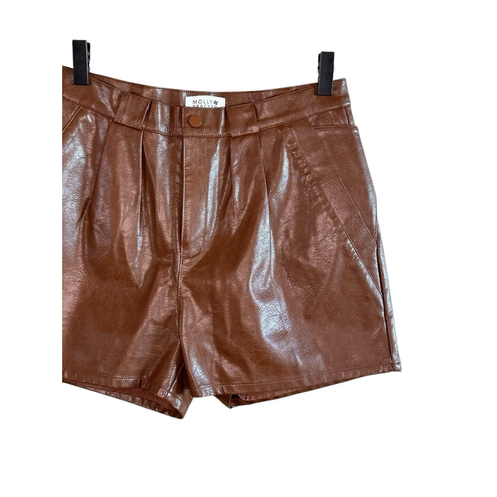 Molly Bracken Women’s Sz Small Faux Leather Shorts Pleated Brown - Image 5