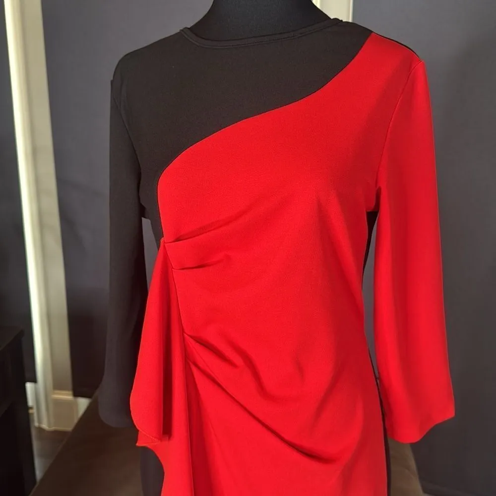 Womens Black & Red Asymmetrical Ruffled Front Midi Dress 3/4 Sleeve Size 3XL NEW - Image 2