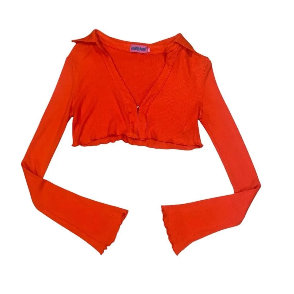 Red orange Edikted waffle knit cropped long sleeve collared top - Image 3