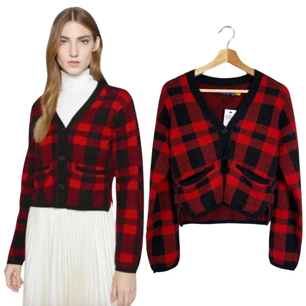NWT Polo Ralph Lauren Buffalo Plaid Cropped Cardigan Sweater Womens XS Red Black - Image 2