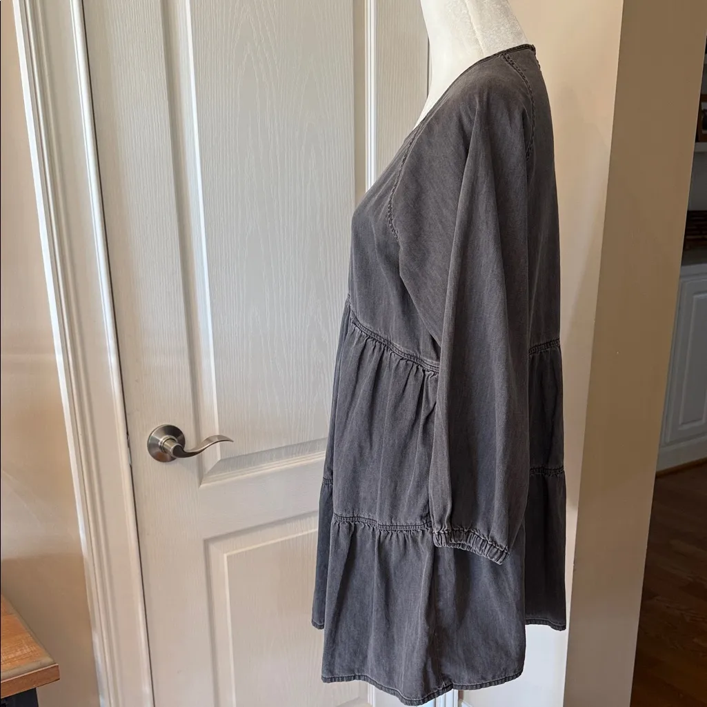 Madewell Tiered Babydoll Tunic Dress Charcoal Gray Long Sleeve Pockets Size M - Image 3