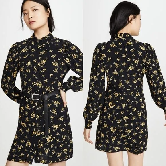 ganni black yellow floral print crepe collared button shirt dress - Image 2