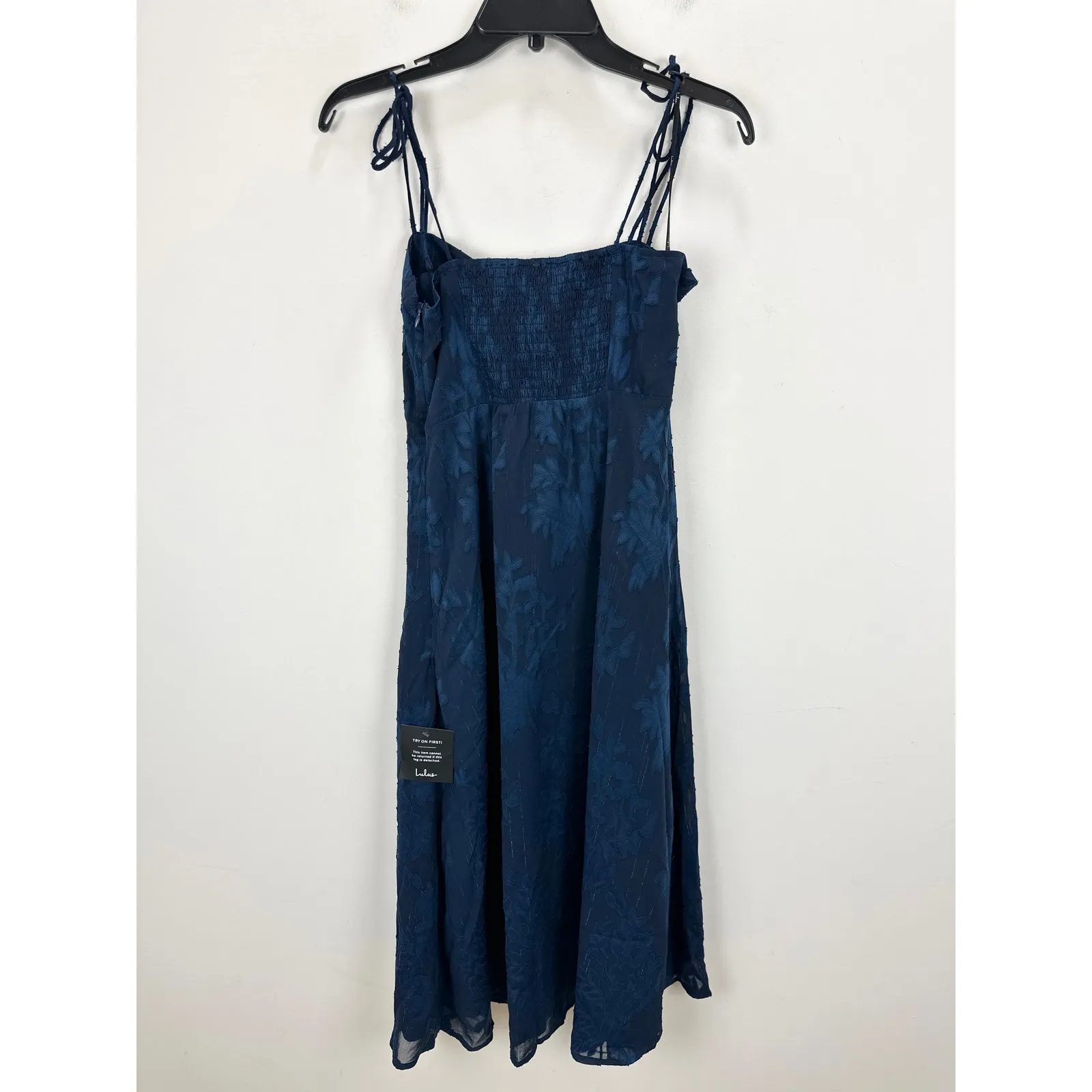 Lulus Loveliest Looks Navy Blue Floral Jacquard Tie-Strap Midi Dress Small NWT - Image 10