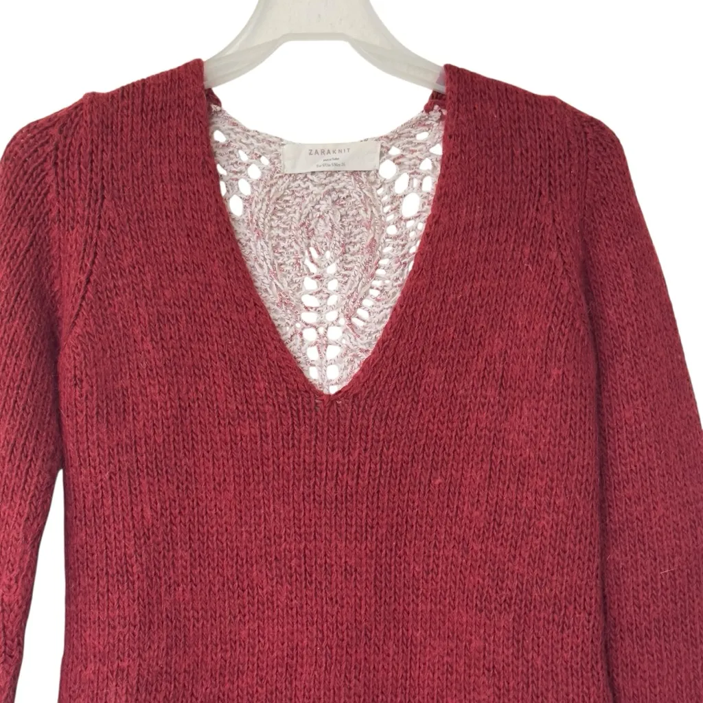 Zara Knit mohair wool crochet Burgundy V-Neck Sweater S - Image 6