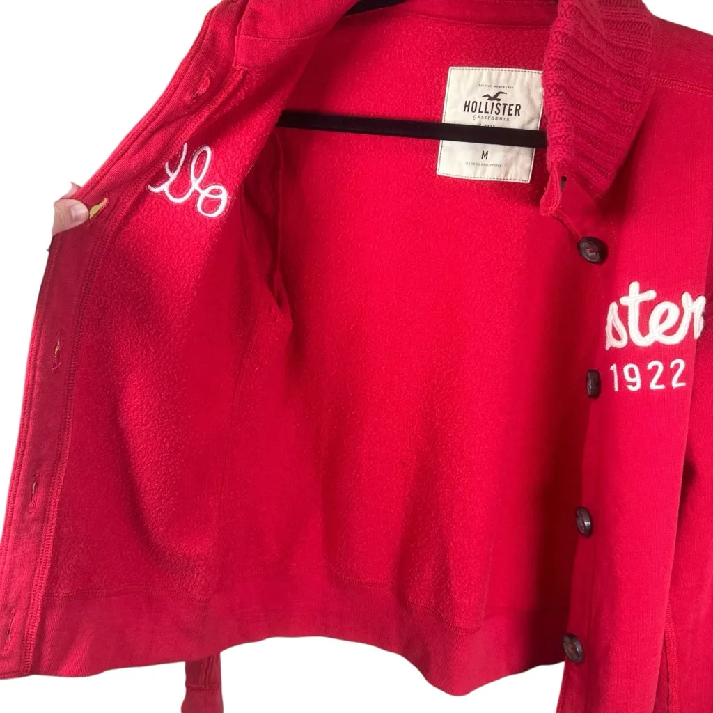 Hollister Red Button Fleece Cardigan Jacket Y2K Preppy Logo M Soft Girl Cozy - Image 5