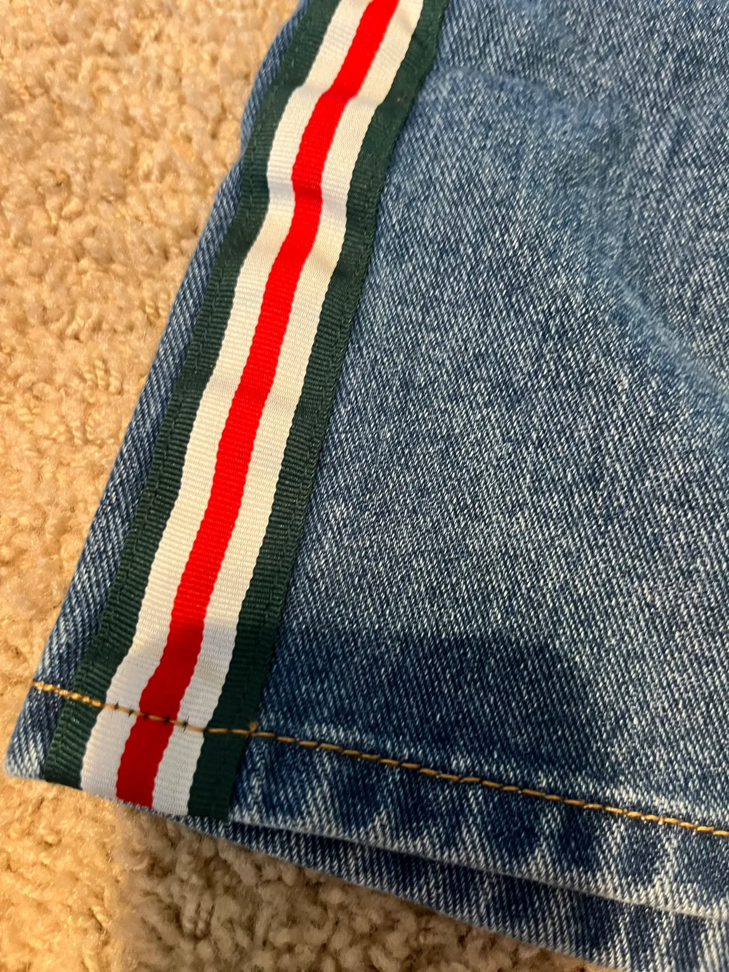 Denim mini skirt with sporty white , green and red side stripe never worn - Image 2