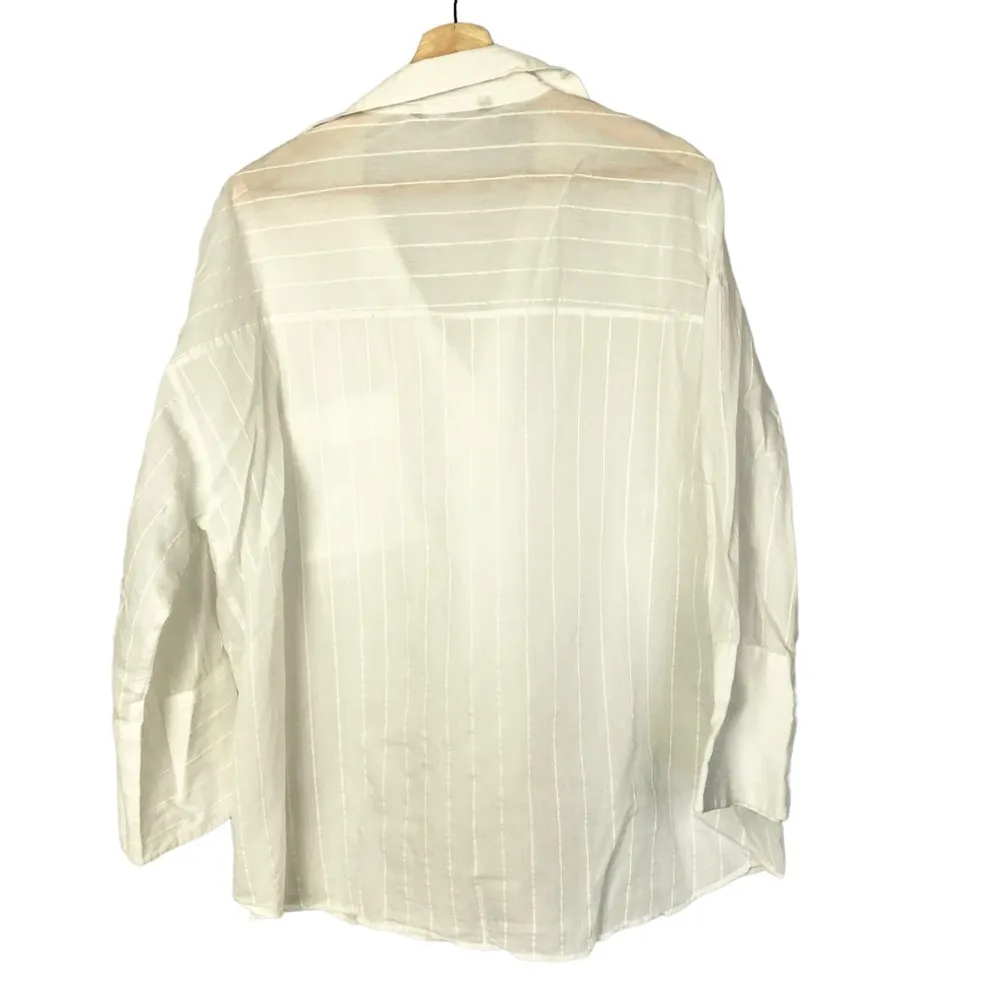 Zara White Pin Stipe Relaxed Fit Boyfriend Long Sleeve Blouse M - Image 11