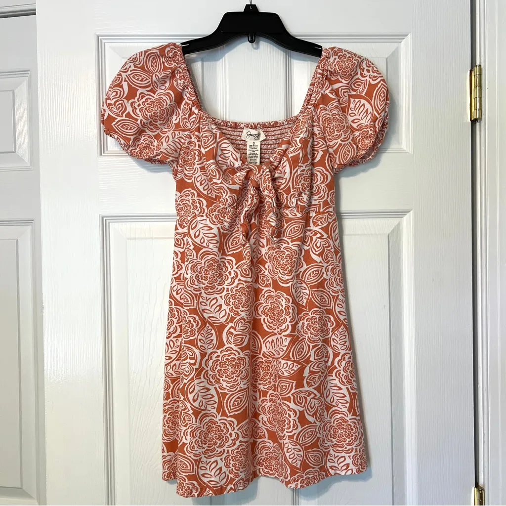 Jessica Simpson floral orange white front tie puff sleeves smocking dress S - Image 13