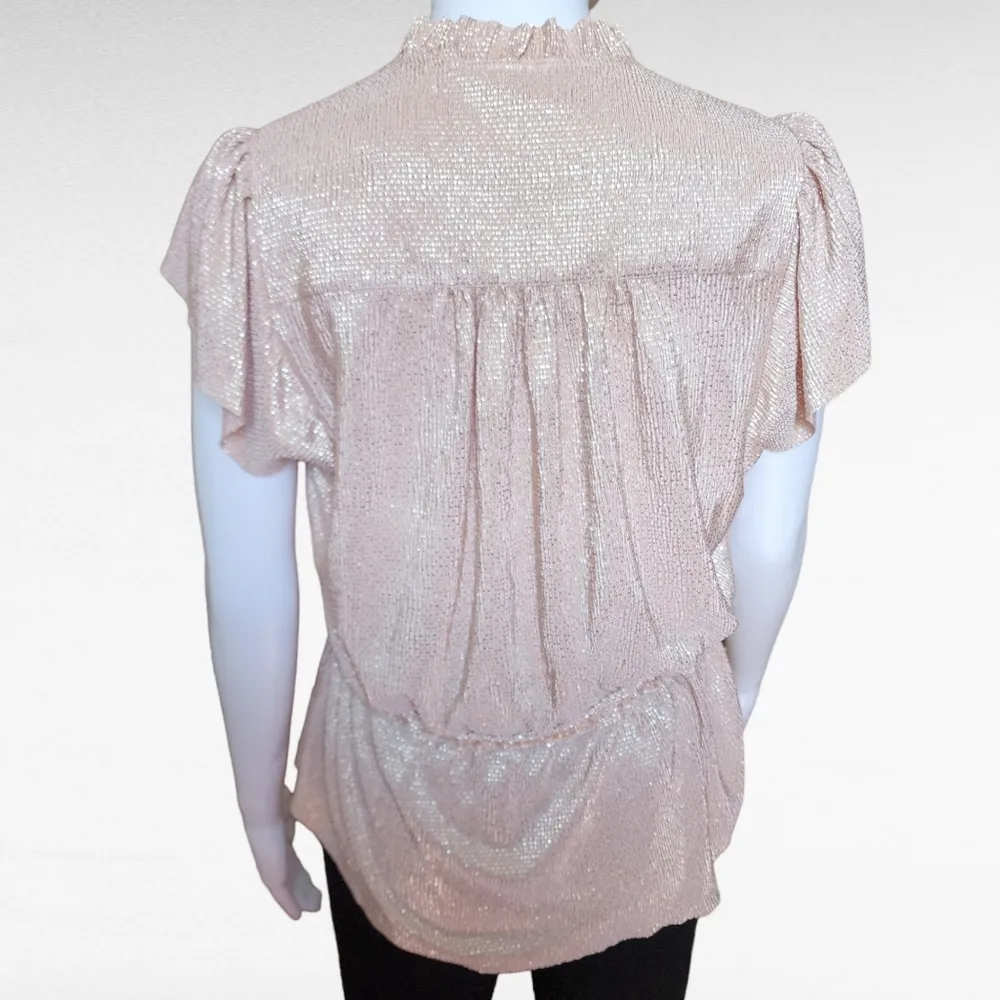 Anthropologie Sabina Musayev Gold Lame Flutter Sleeve Belted Blouse Size Small - Image 5