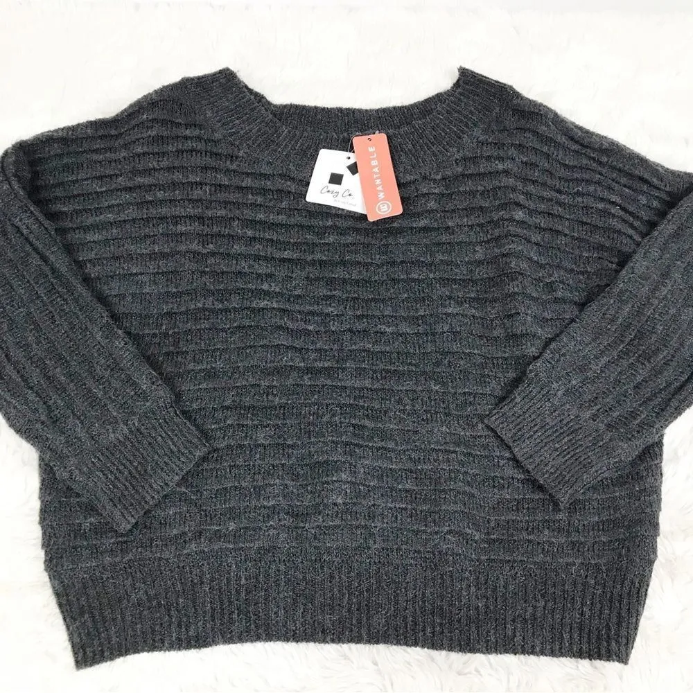 COZY CO Gray Off The Shoulder Sweater Ribbed Chunky Knit Fall Size Small New‎ - Image 2
