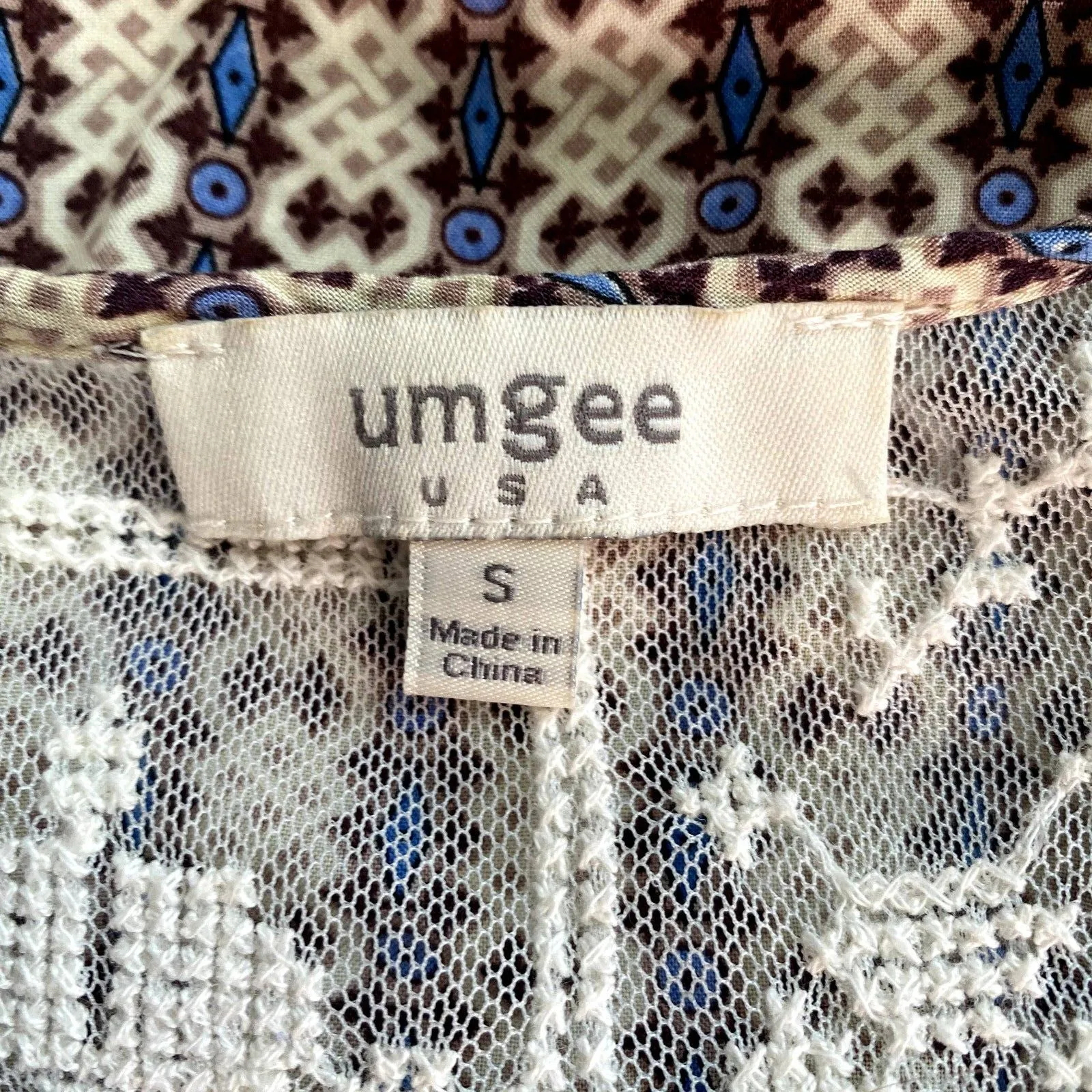 Umgee Bohemian Bell Sleeve‎ Tunic Dress Mixed Print Lace Trim Size Small - Image 5