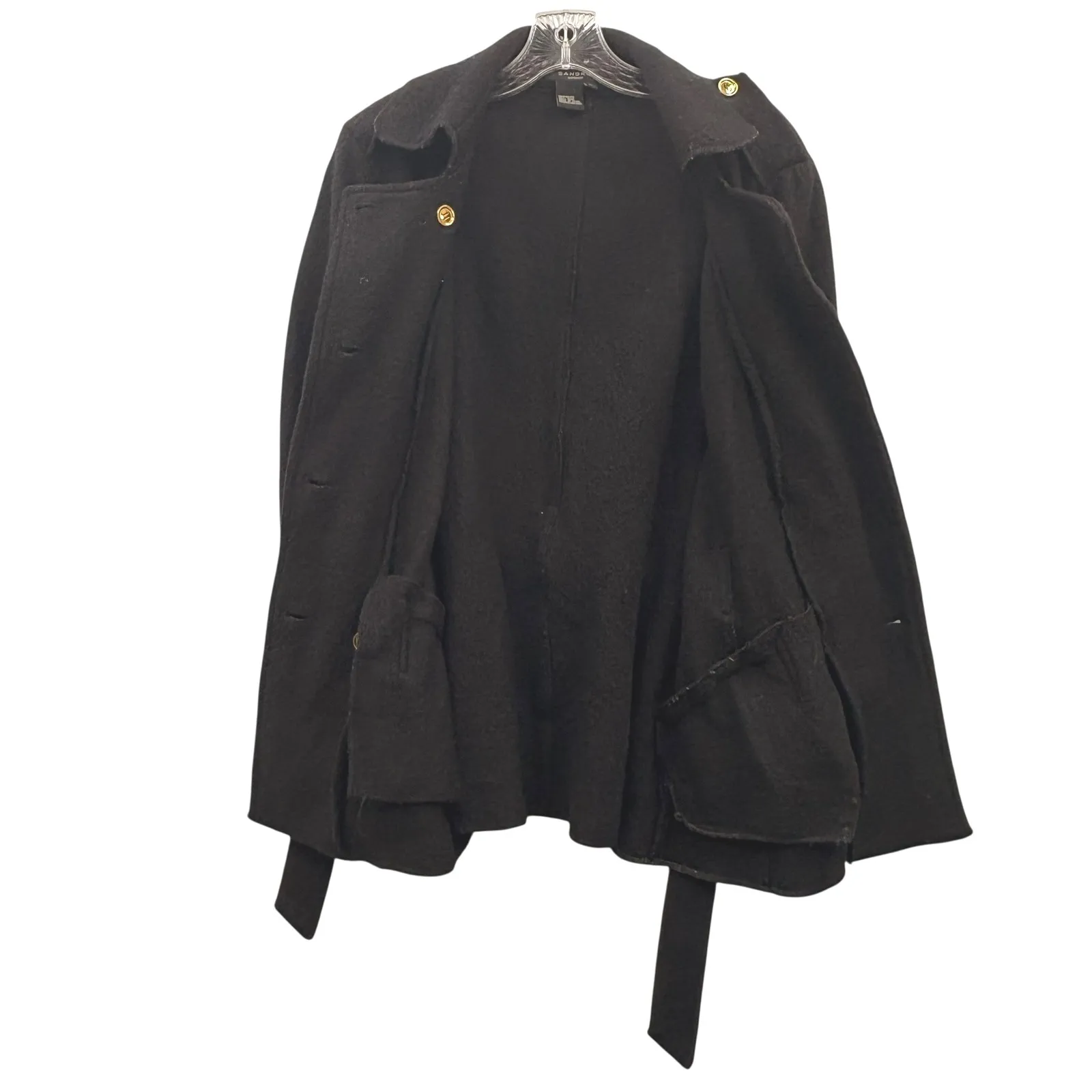 Sandro Sportswear Womens Black Wool Blend Military Style Tie‎ Belted Coat Size L - Image 3