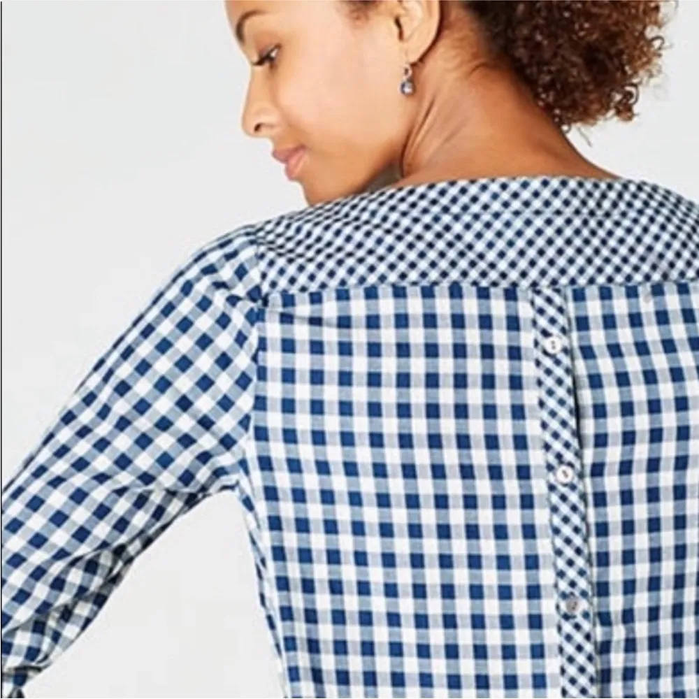 J. Jill Gingham Plaid Blouse Top Sz XL Blue White 100% Cotton Button Back - Image 3