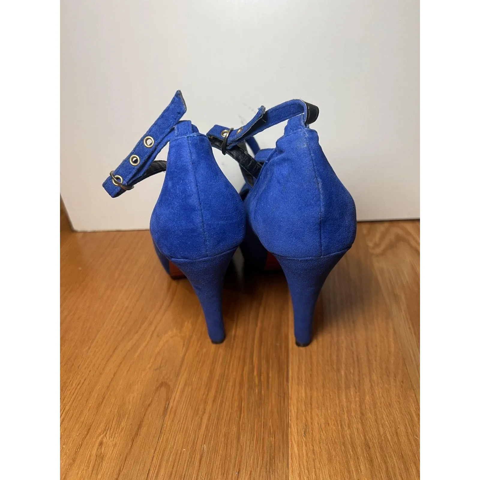 Platform Mary Jane High Heels Shoes Womens Size 8 Blue Suede Ankle Strap Pumps - Image 6