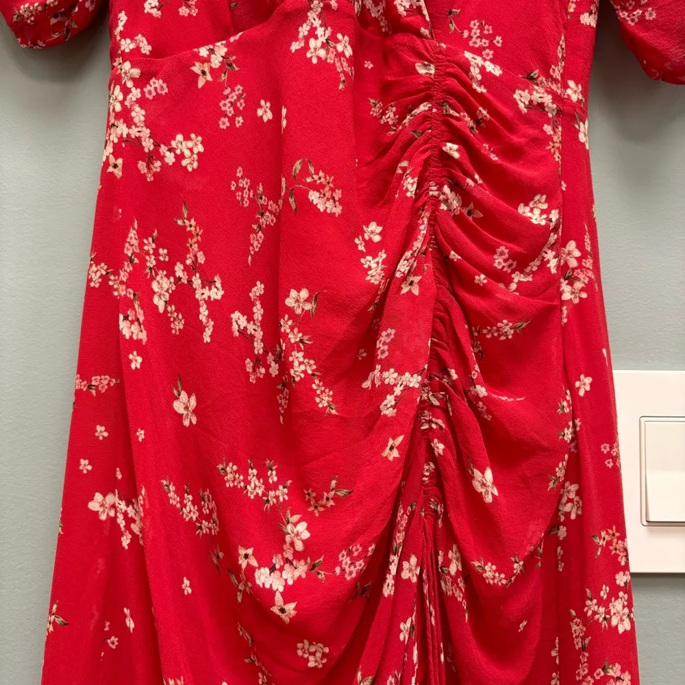 NICHOLAS Red Floral Silk Midi Dress Short Sleeves XS - Image 4