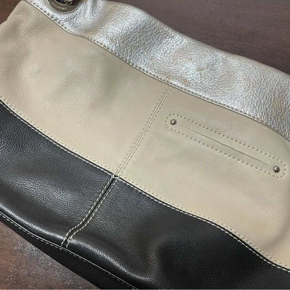 B. MAKOWSKY Metallic Tan Brown & Black Leather Snap Shoulder Bag Purse - Image 15