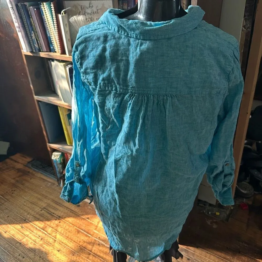 Sigrid Olsen M linen 1/4 button folk boho long sleeve top - Image 2