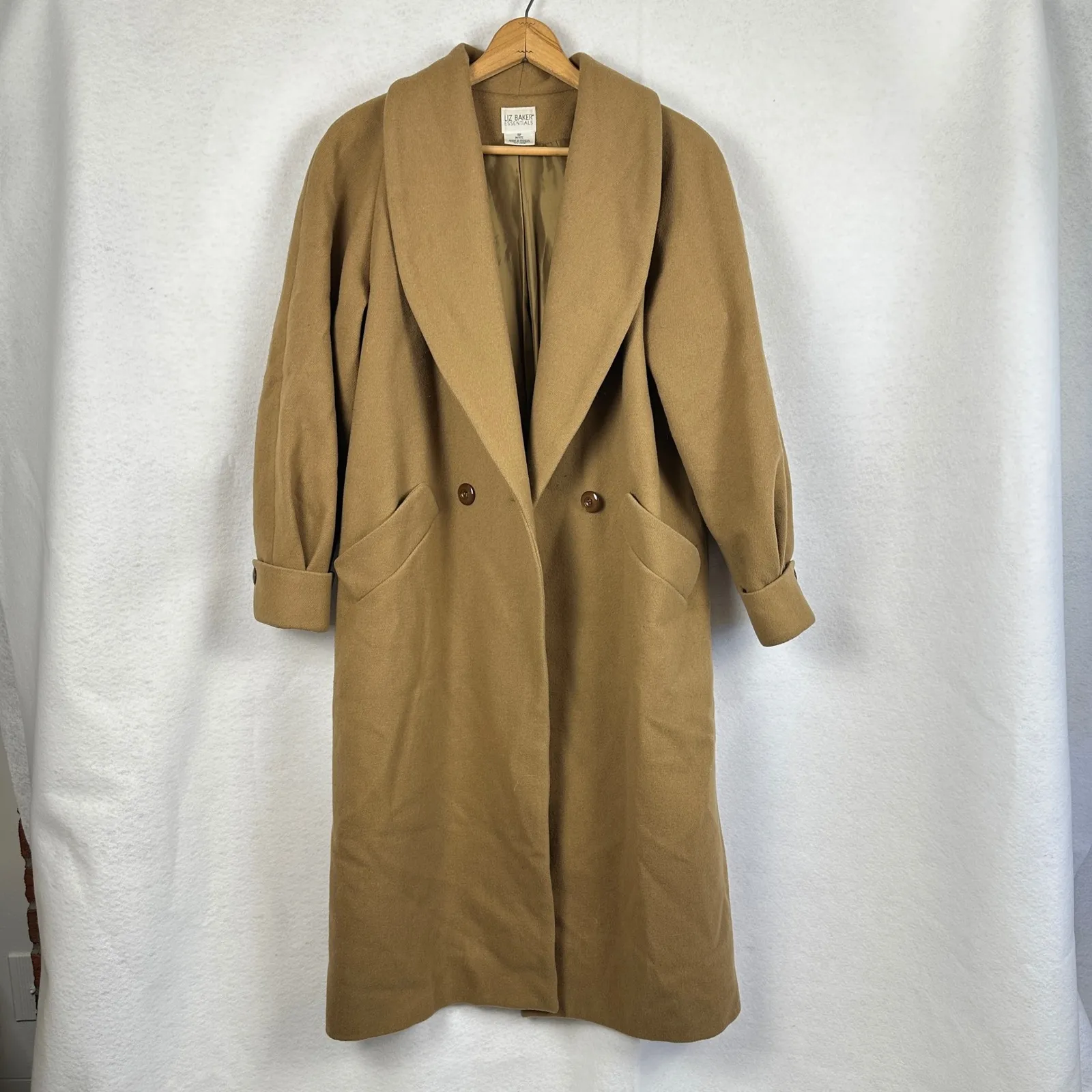 Vintage Liz Baker Essentials Wool Coat Petite 10 Double Breasted Long‎ Beige Tan Size 10P - Image 7