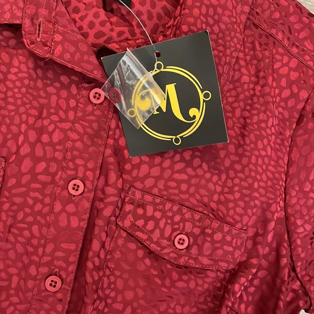 NWT Millennium Red Silky Short Sleeve Elastic Tie Waist Midi Dress Size Medium - Image 12