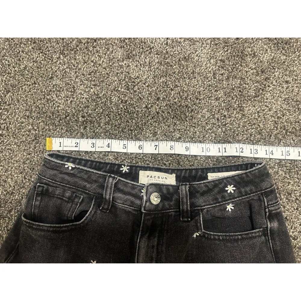 Pacsun Denim Black Jean Shorts Floral Embroidered Size 25 - Image 8