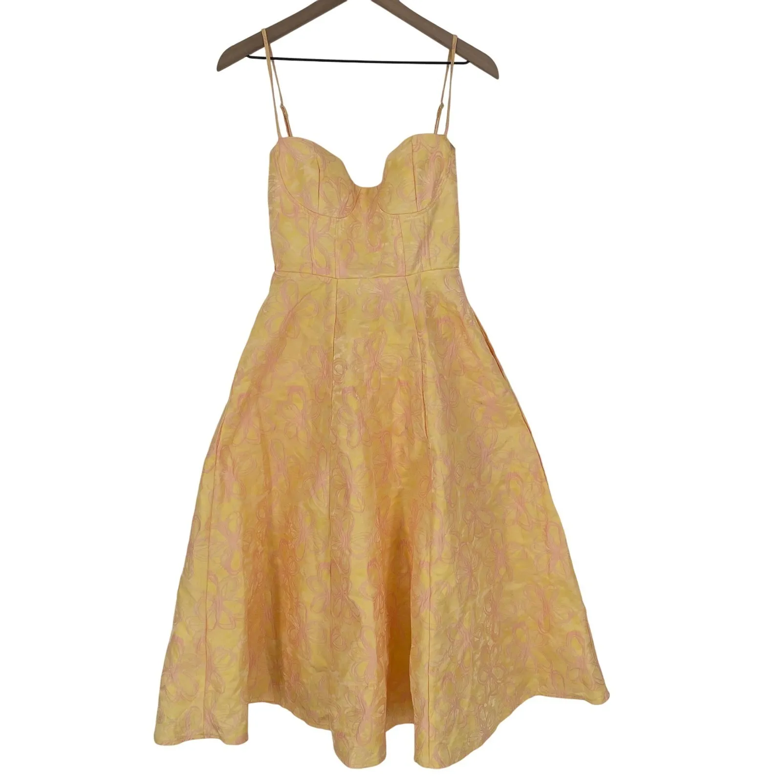 Lulus Meet For Tea Yellow Jacquard Bustier Midi Dress With Pockets Size XS - Image 2