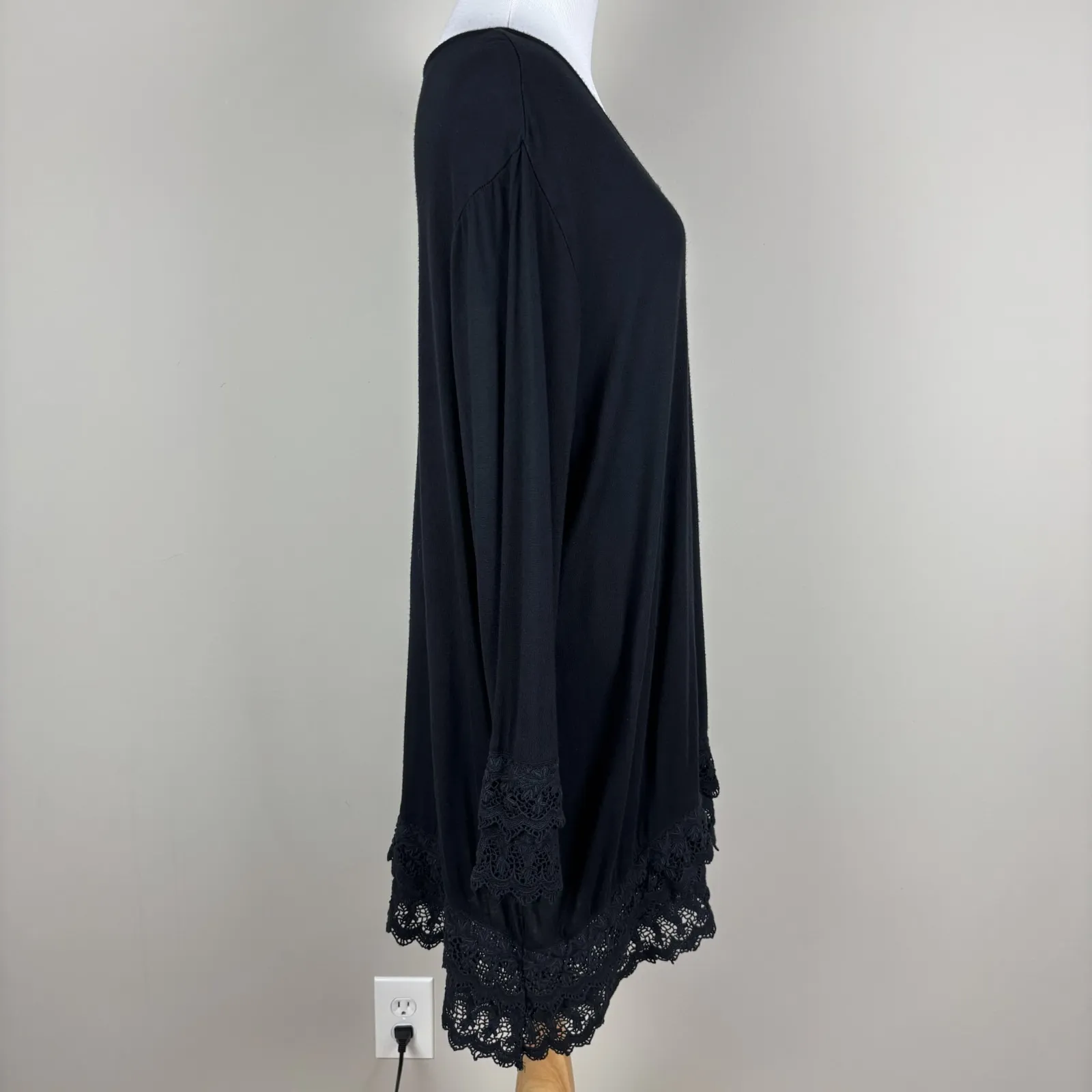 Ulla Popken Tunic Top Womens 16/18 Black Lace Trim 3/4 Sleeve V - Image 3