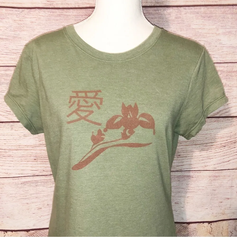 L.O.L Olive Green Asian Print Short Sleeve Shirt Size L Size L - Image 8