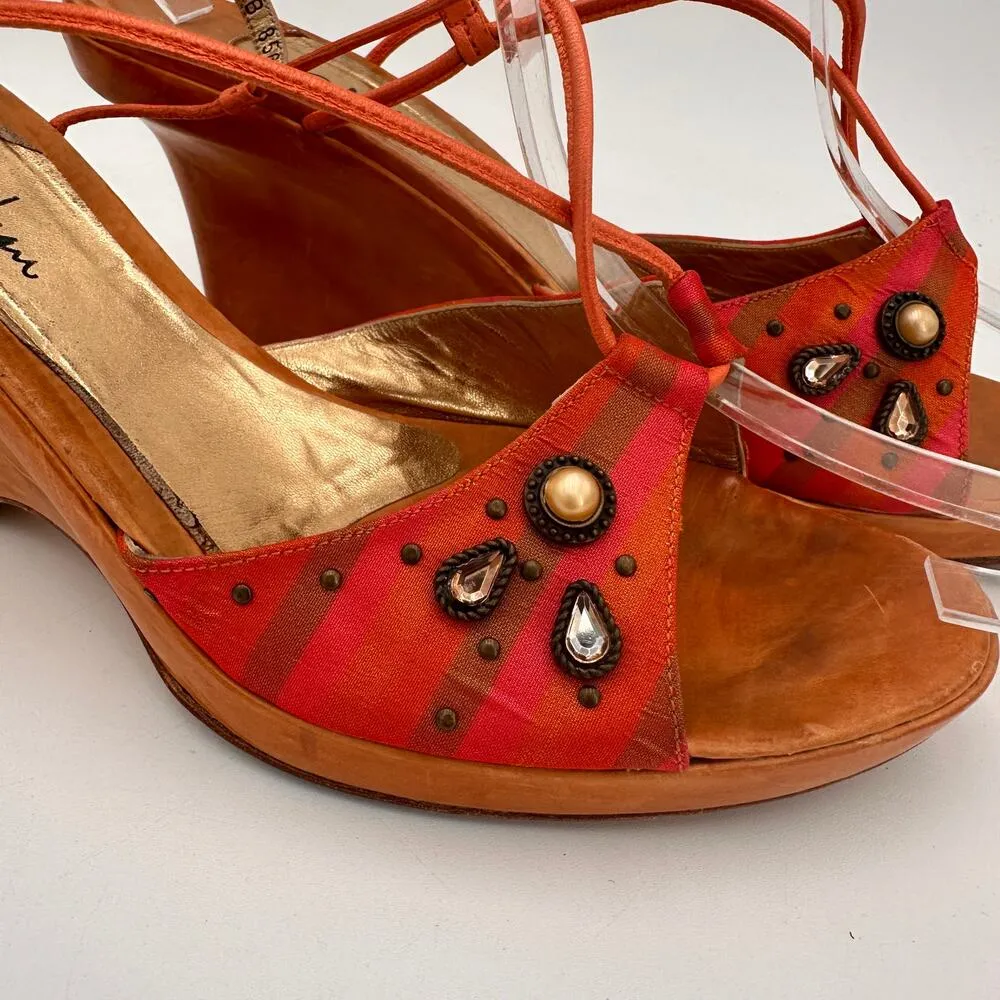 Cole Haan Red & Orange Slingback Retro Disco Wooden Heel Wedge Sandals Size 10.5 - Image 3