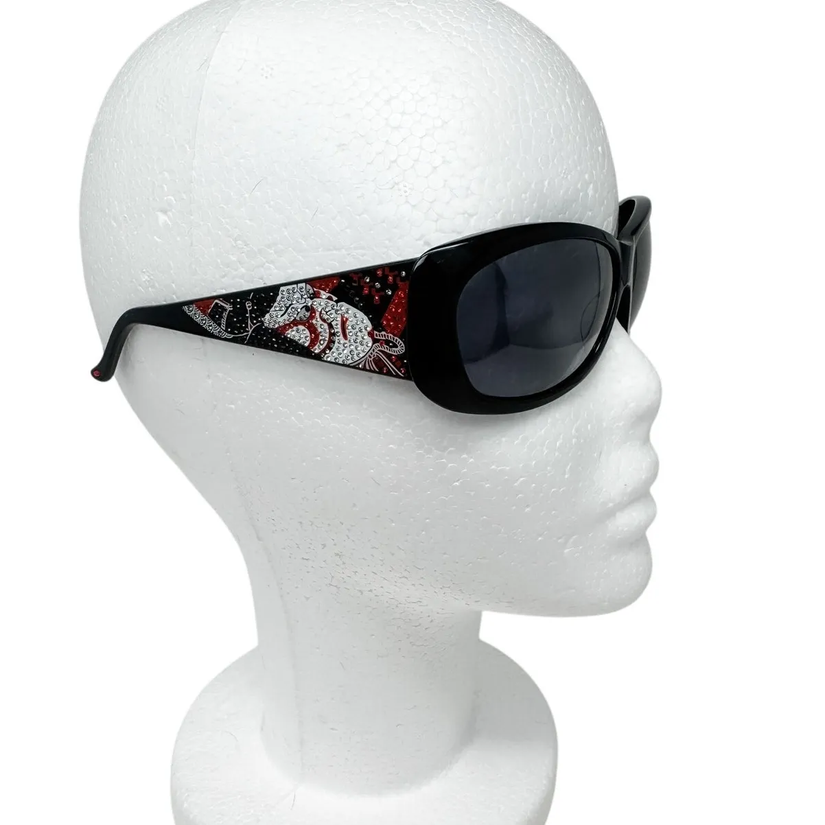 Judith Leiber vintage black red rhinestone Kabuki mask sunglasses w/ case - Image 11