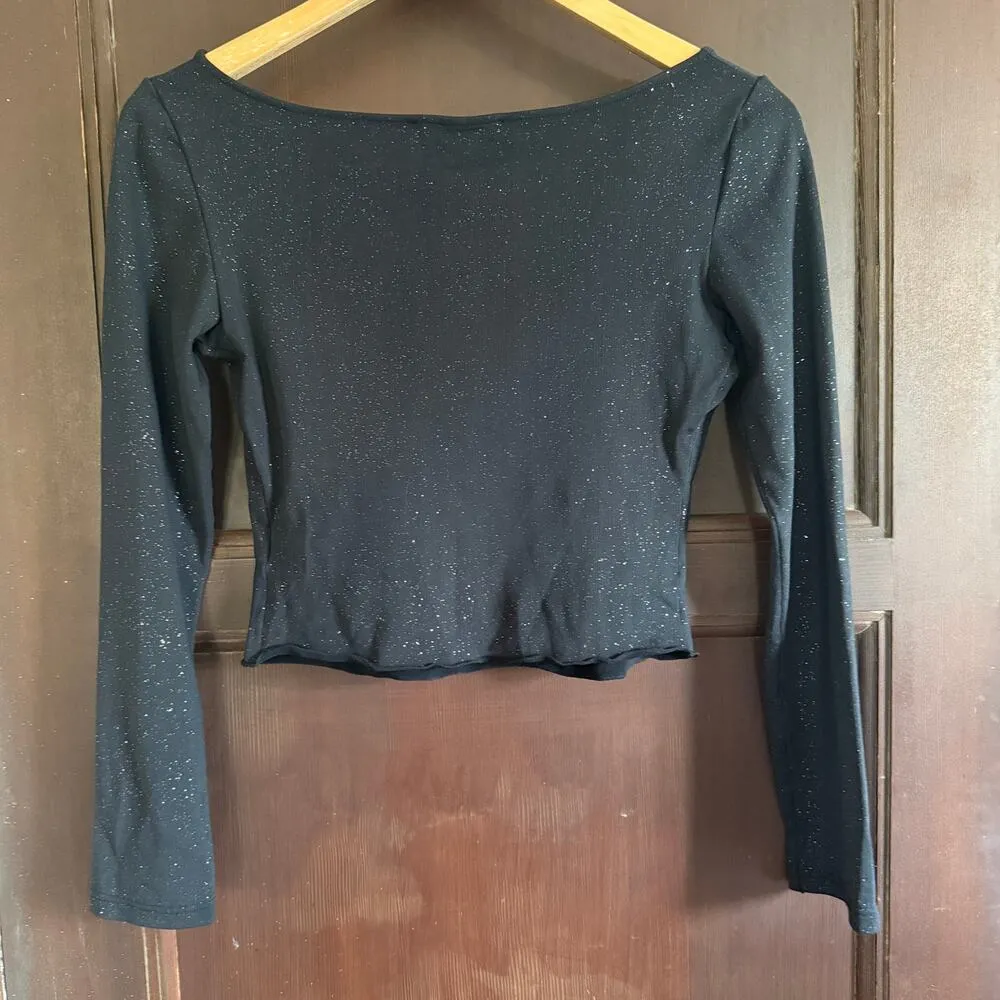 COSABELLA | Black Sparkly Cropped Long Sleeve Top Glitter Baby Tee | Medium - Image 2
