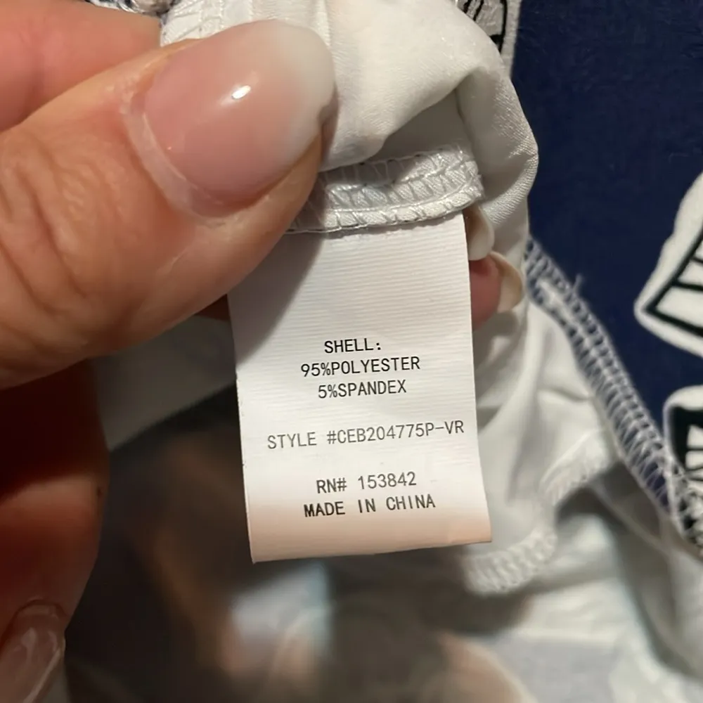 Melloday wide leg belted pants Navy White Tropical print Pull on Size M Stretch - Image 10