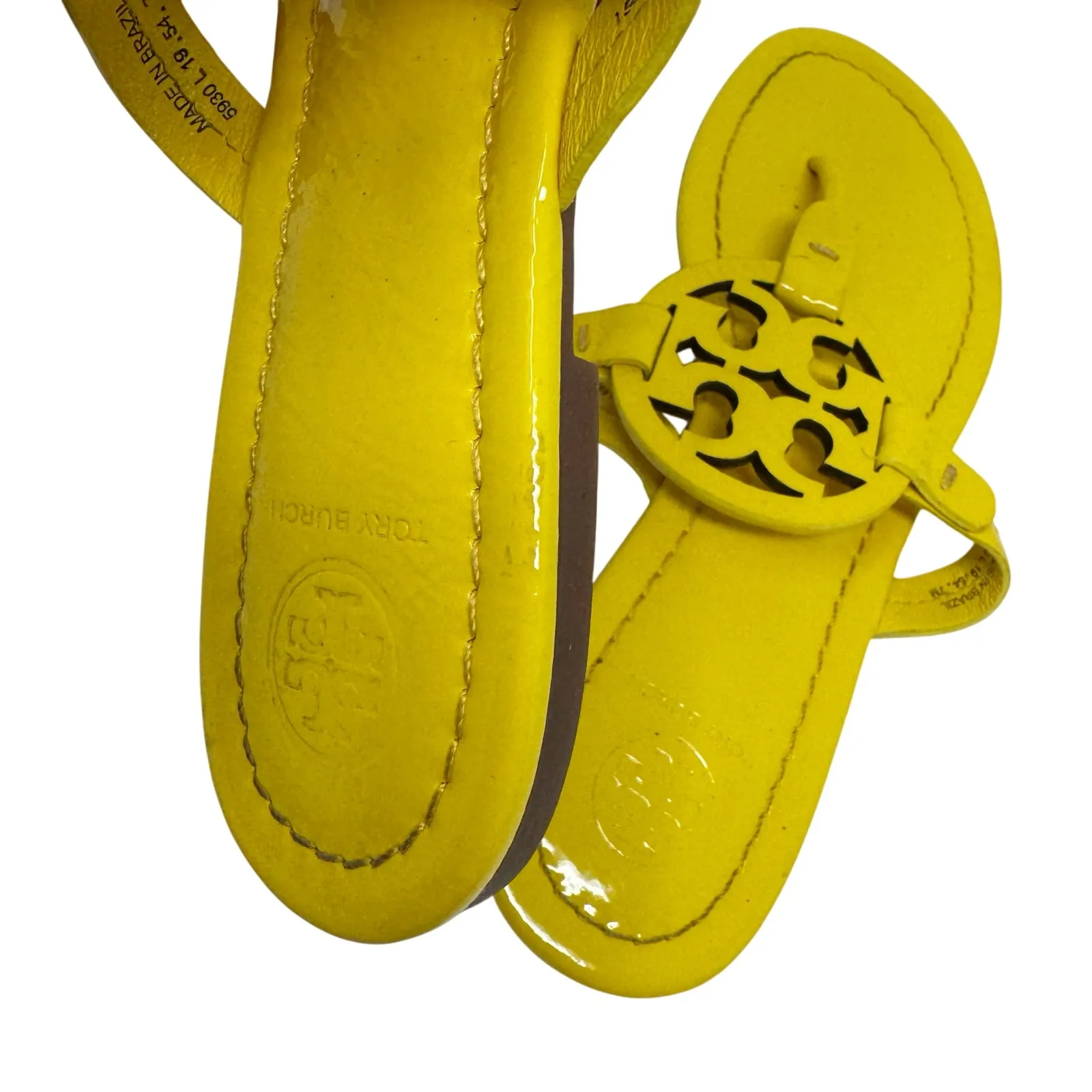 TORY BURCH Yellow Patent Leather Naplak Miller Logo Sandals Slides Flip Flops 7 - Image 4