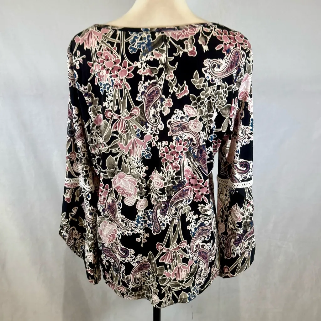 SJS navy and pink puff floral print long bell sleeve top size large Blue - Image 4